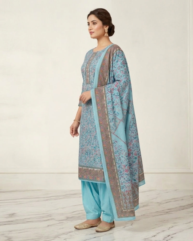 Paisley Printed Unstitched Suit with Thread Embroidery- Sky Blue II