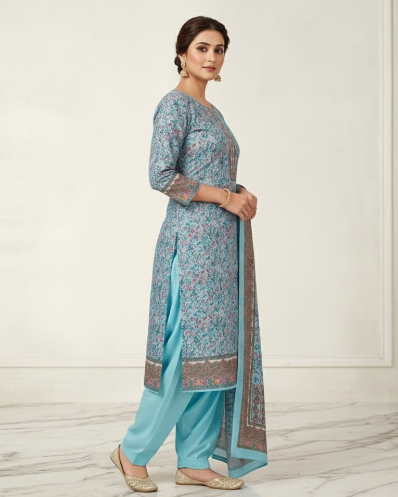 Paisley Printed Unstitched Suit with Thread Embroidery- Sky Blue II