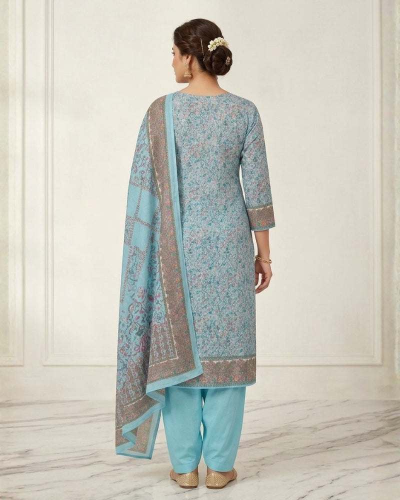Paisley Printed Unstitched Suit with Thread Embroidery- Sky Blue II