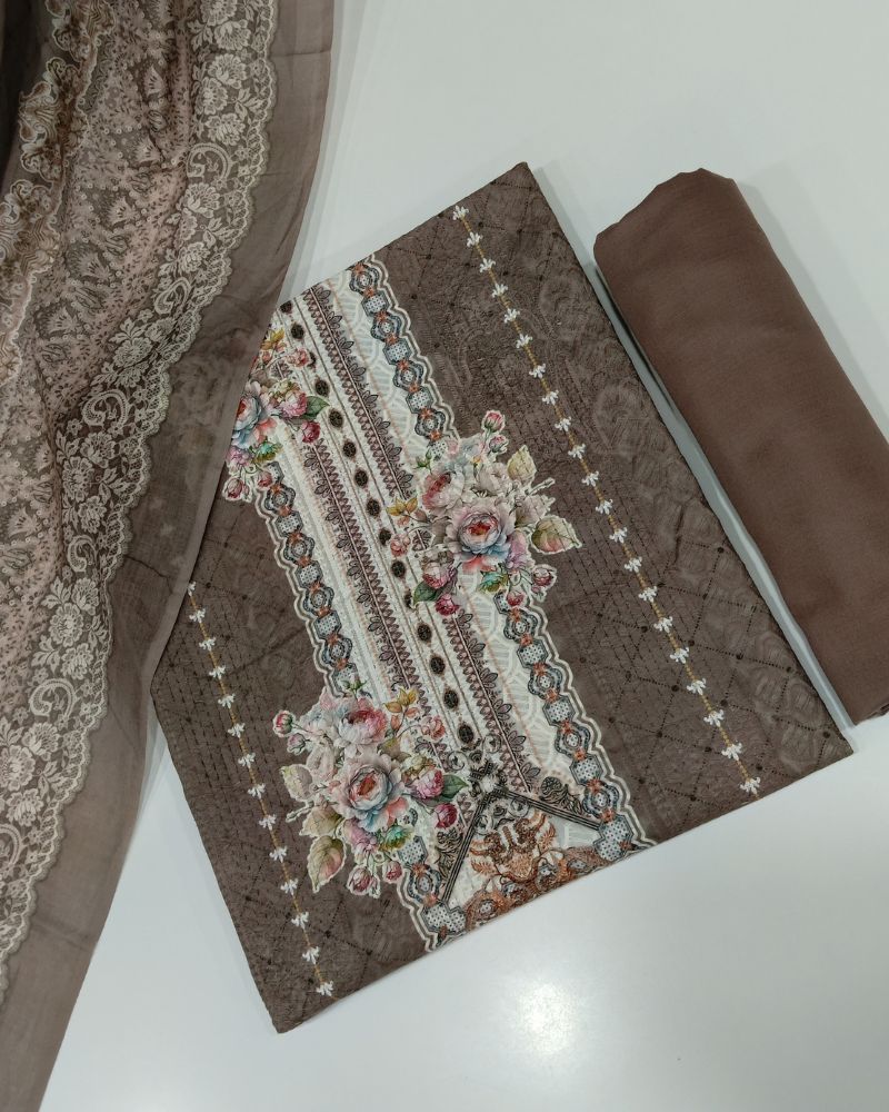 Designer Printed Suit with Thread Chikankari Work- Coffee