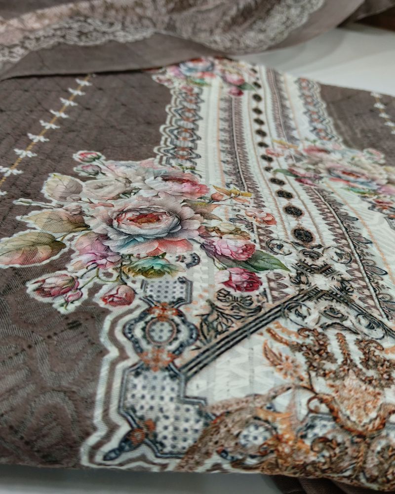 Designer Printed Suit with Thread Chikankari Work- Coffee