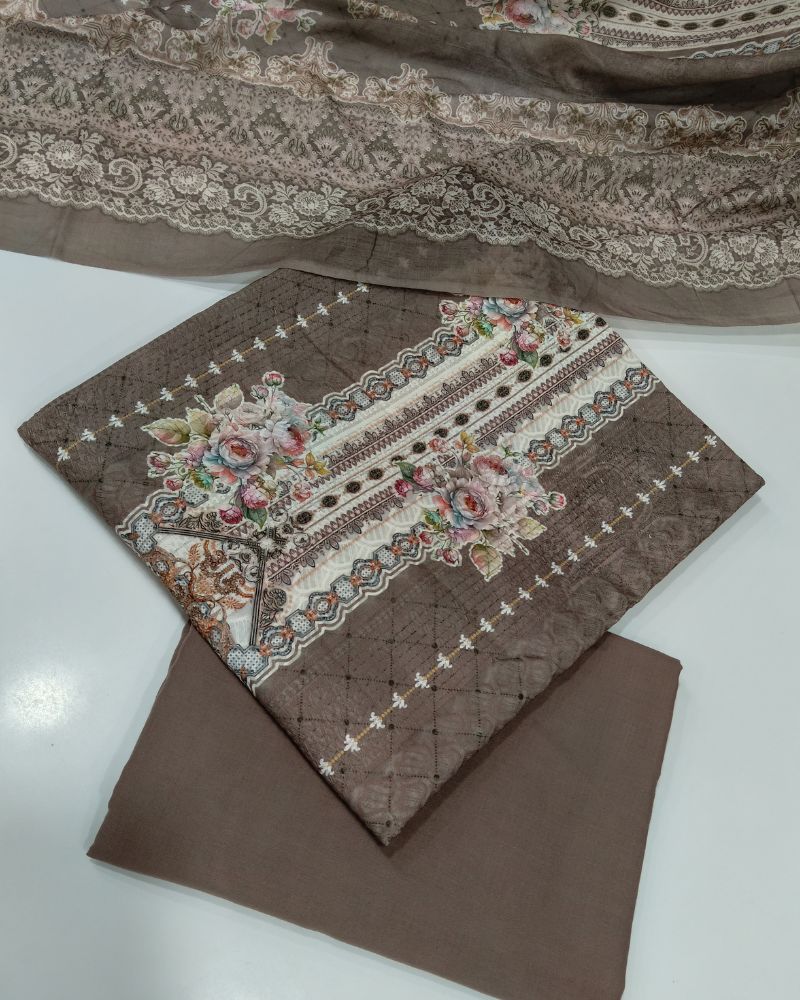 Designer Printed Suit with Thread Chikankari Work- Coffee