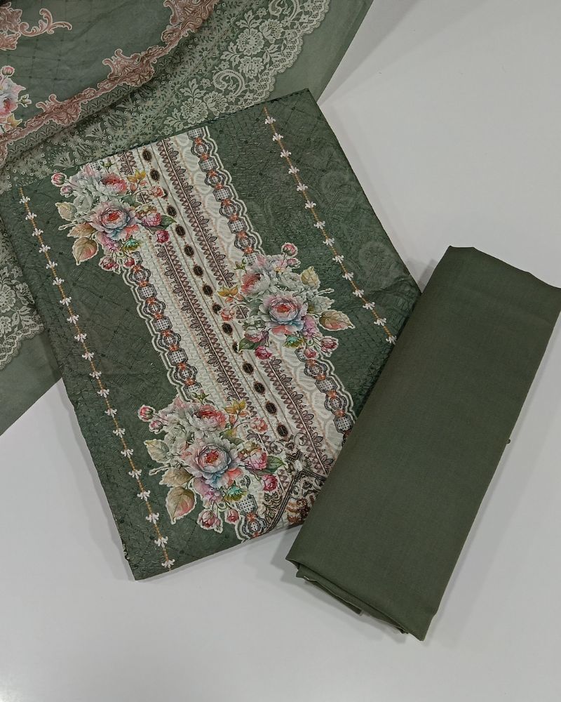 Designer Printed Suit with Thread Chikankari Work- Green