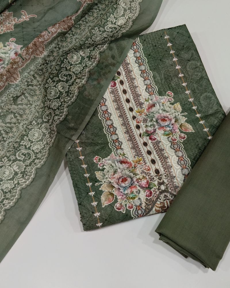 Designer Printed Suit with Thread Chikankari Work- Green