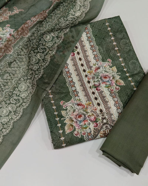 Designer Printed Suit with Thread Chikankari Work- Green