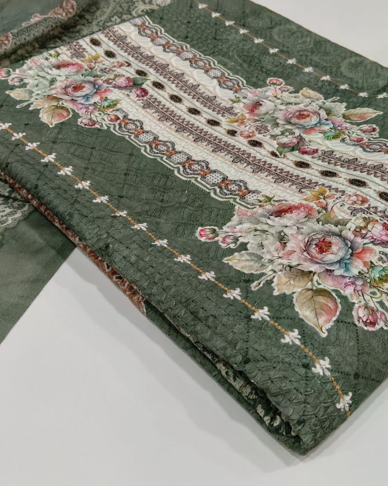 Designer Printed Suit with Thread Chikankari Work- Green