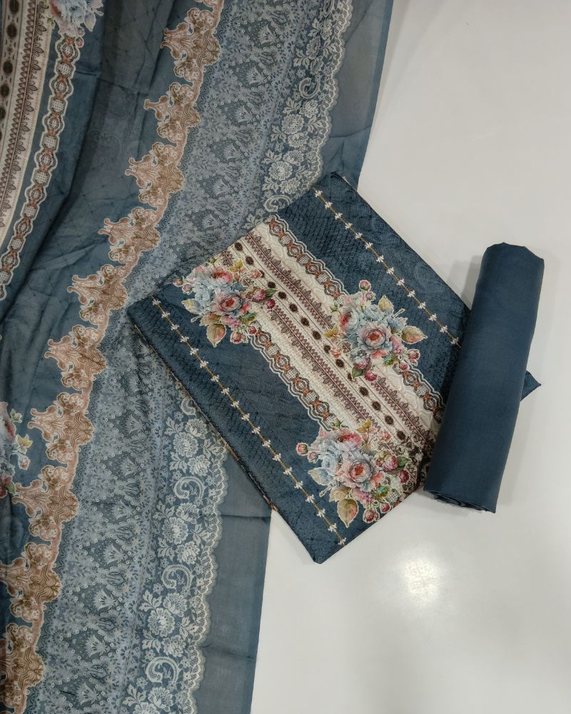 Designer Printed Suit with Thread Chikankari Work- Grey
