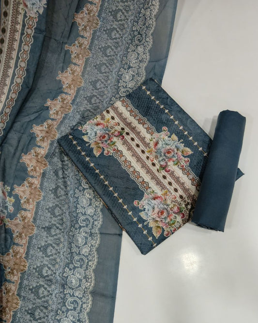 Designer Printed Suit with Thread Chikankari Work- Grey