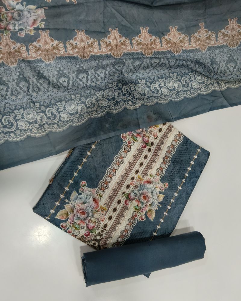 Designer Printed Suit with Thread Chikankari Work- Grey