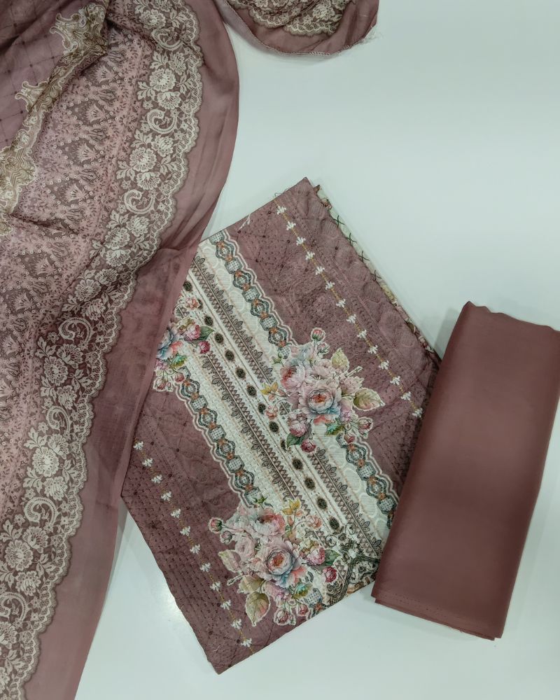 Designer Printed Suit with Thread Chikankari Work- Mauve