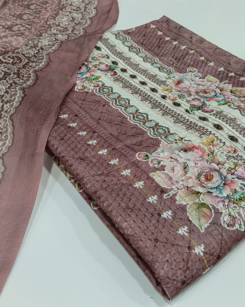 Designer Printed Suit with Thread Chikankari Work- Mauve