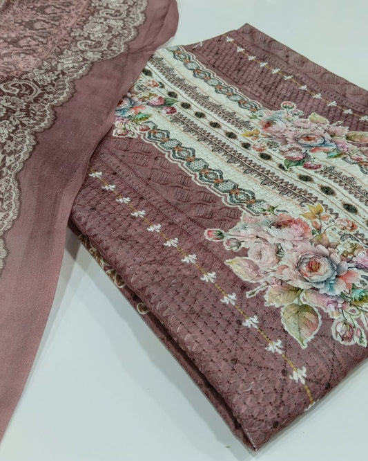 Designer Printed Suit with Thread Chikankari Work- Mauve
