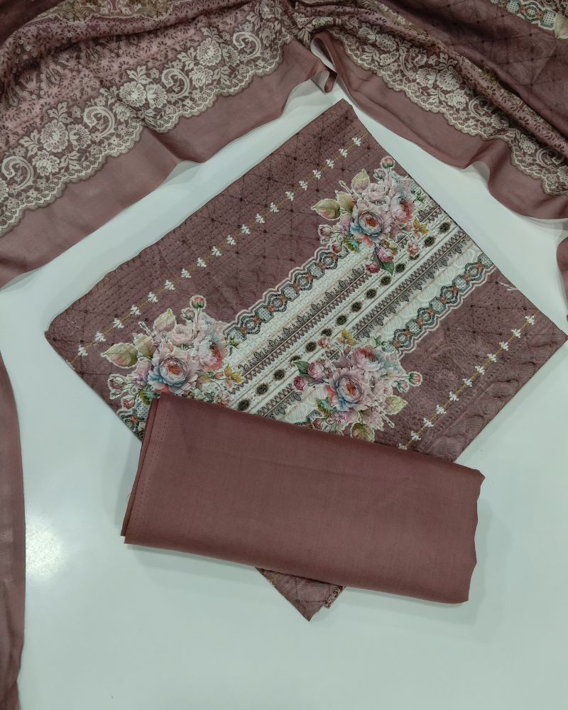 Designer Printed Suit with Thread Chikankari Work- Mauve