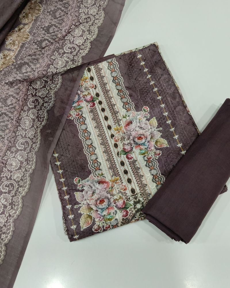 Designer Printed Suit with Thread Chikankari Work- Purple