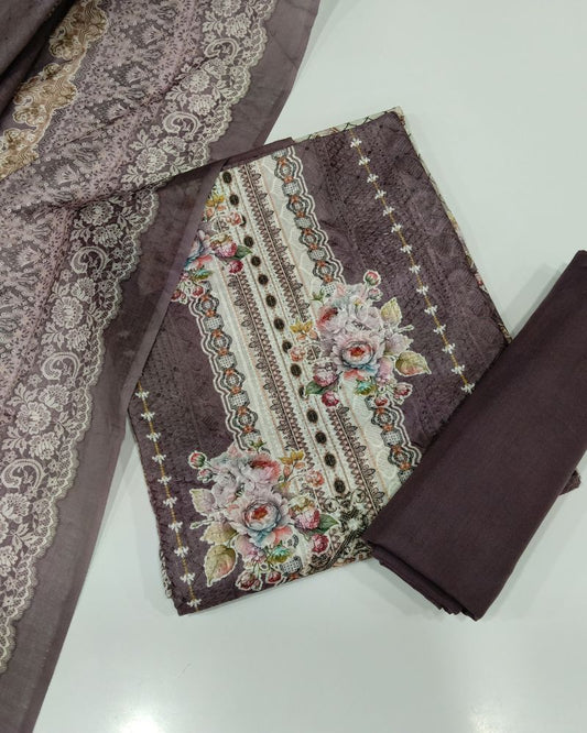 Designer Printed Suit with Thread Chikankari Work- Purple