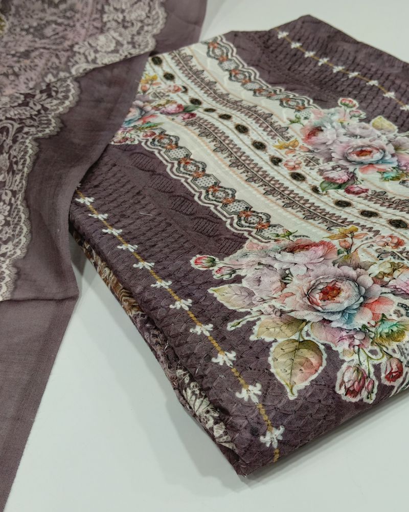 Designer Printed Suit with Thread Chikankari Work- Purple
