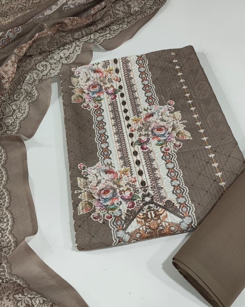 Chikankari Unstitched Suit Set- Mouse