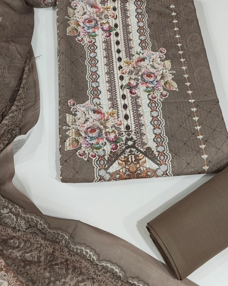Chikankari Unstitched Suit Set- Mouse