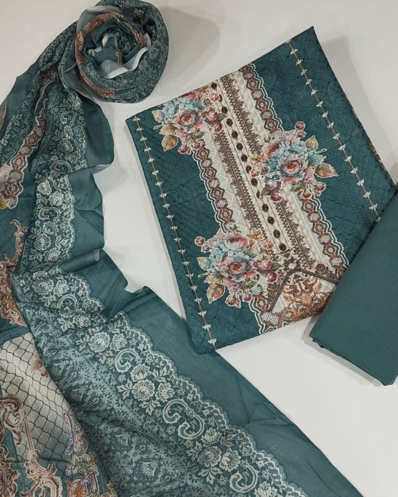 Chikankari Unstitched Suit Set- Teal