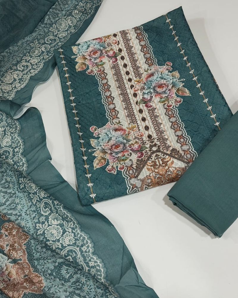 Chikankari Unstitched Suit Set- Teal