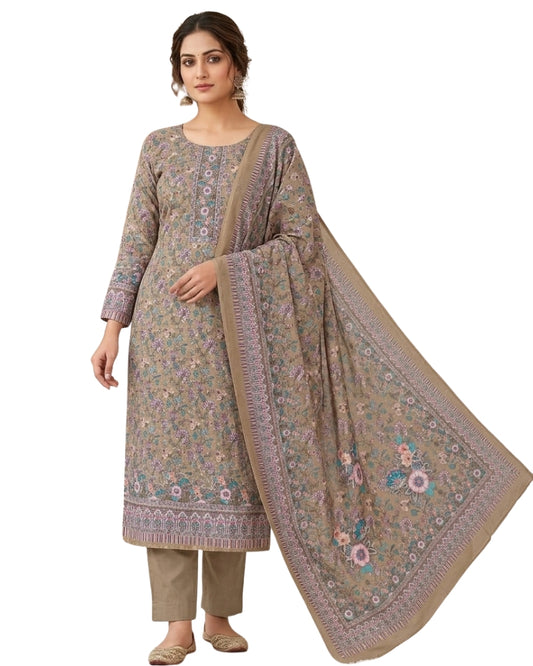 Floral Print Suit with Thread Embroidery- Beige