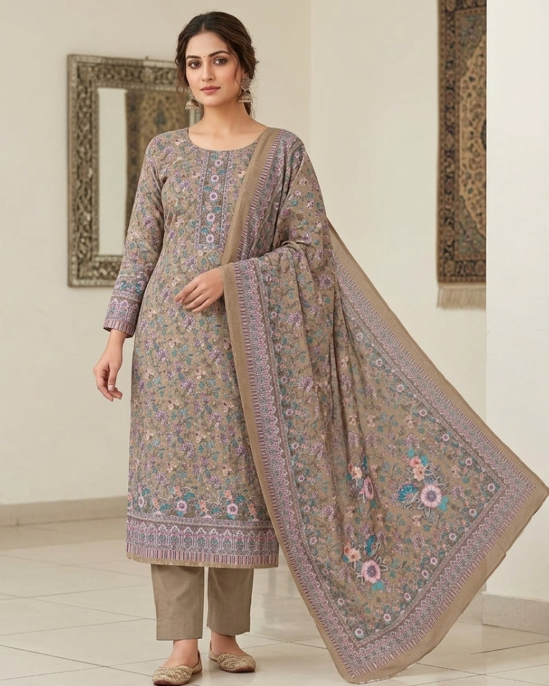 Floral Print Suit with Thread Embroidery- Beige