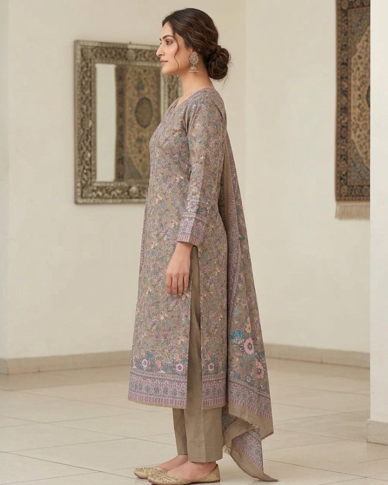 Floral Print Suit with Thread Embroidery- Beige