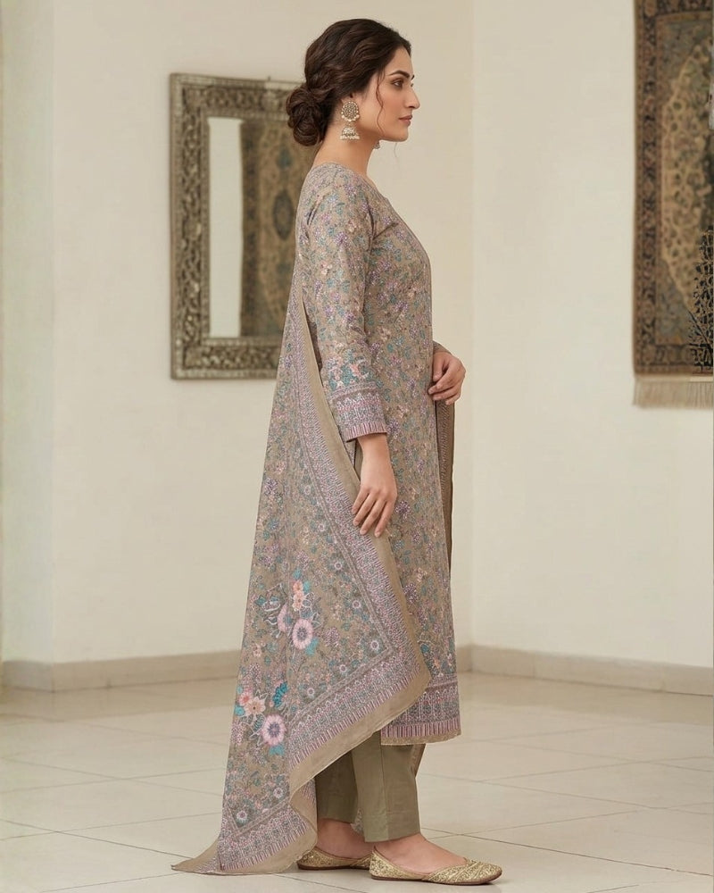 Floral Print Suit with Thread Embroidery- Beige