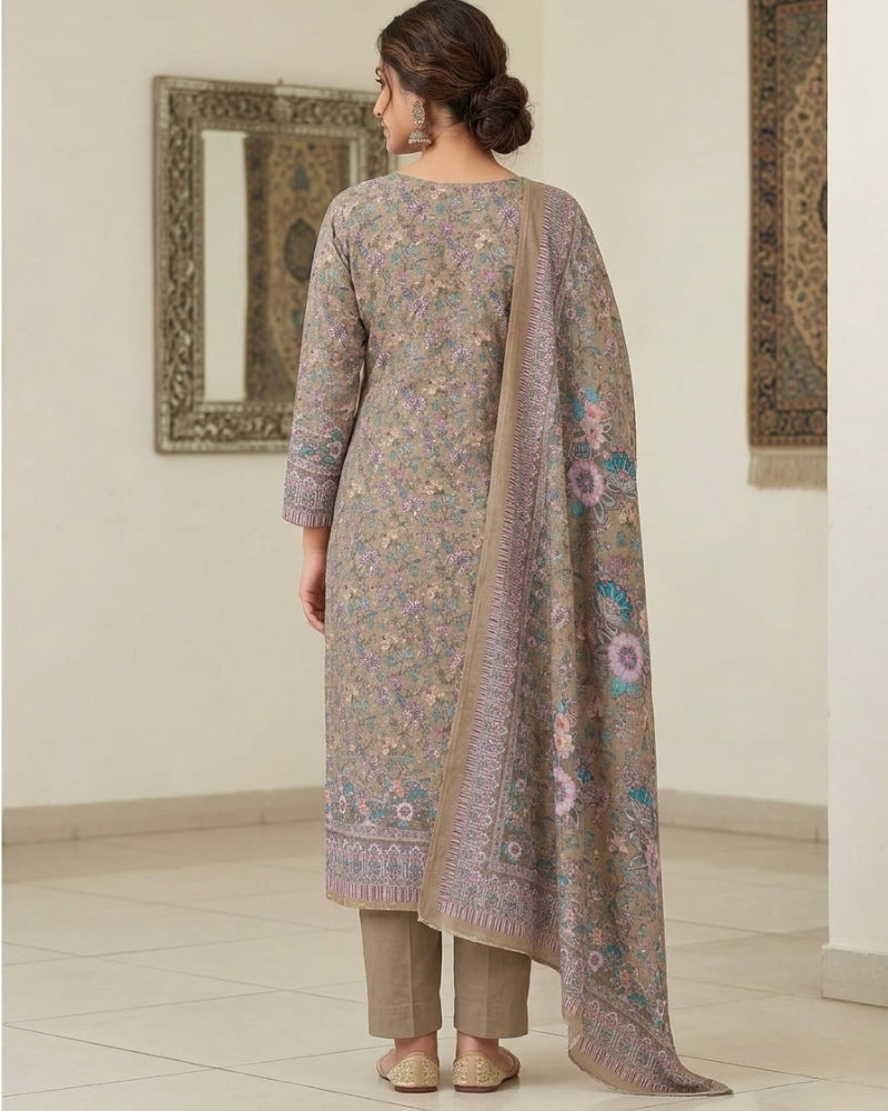 Floral Print Suit with Thread Embroidery- Beige