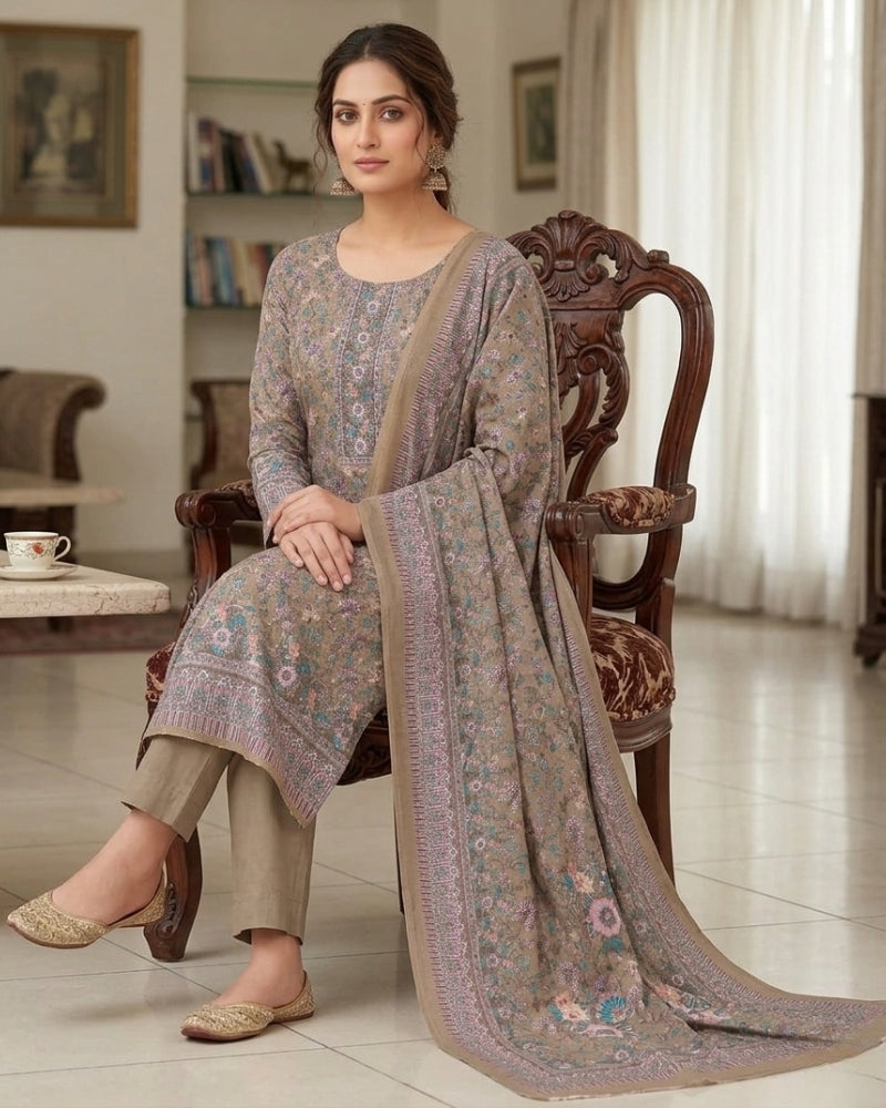 Floral Print Suit with Thread Embroidery- Beige