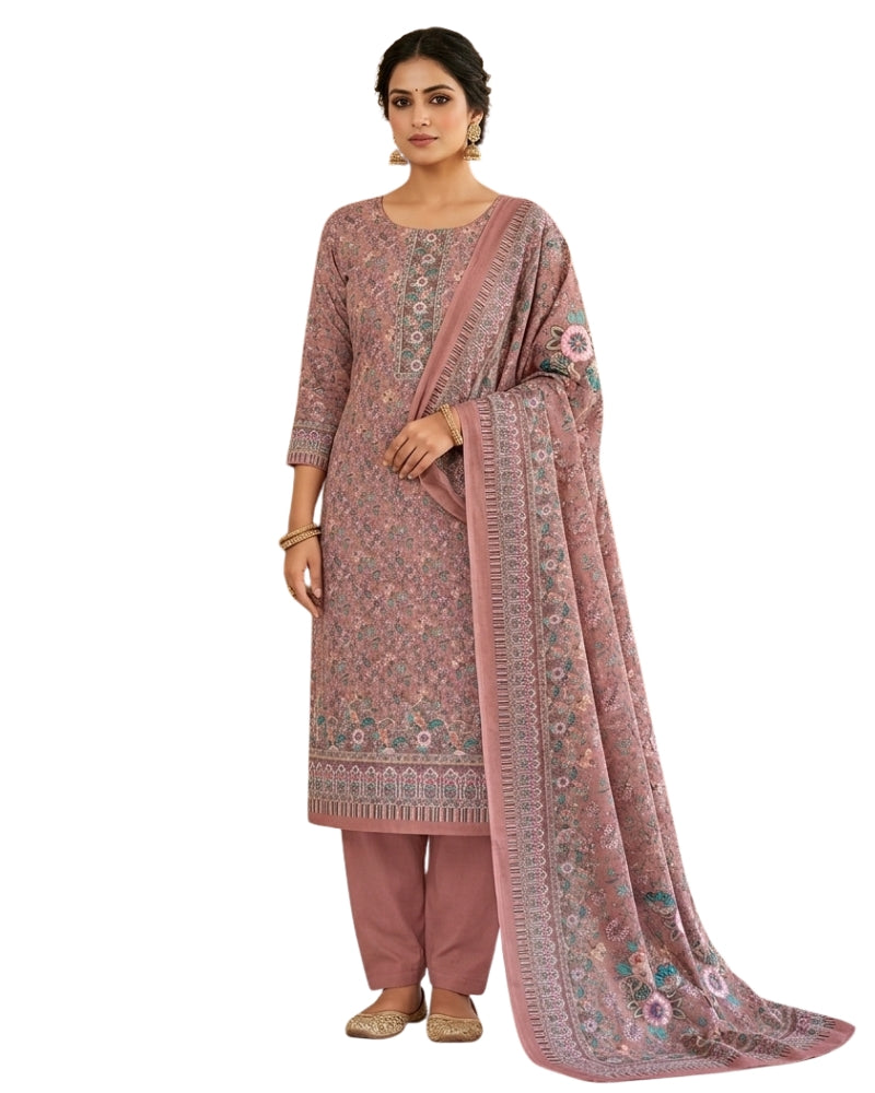 Floral Print Suit with Thread Embroidery- Pink