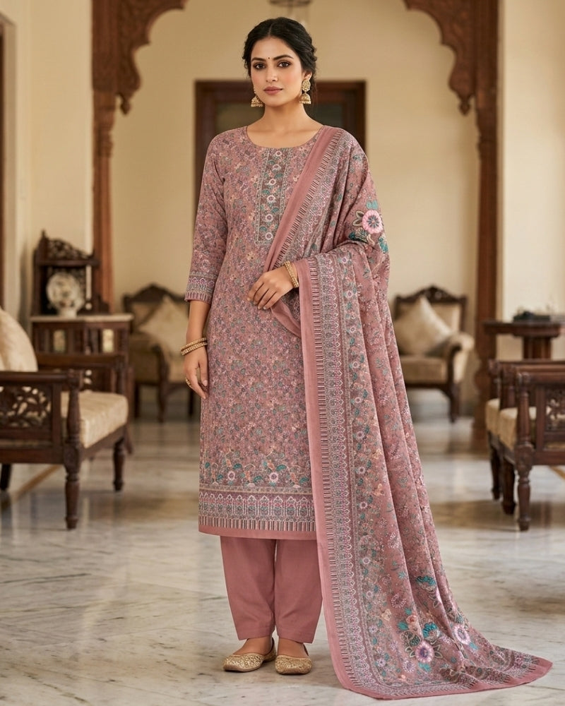 Floral Print Suit with Thread Embroidery- Pink