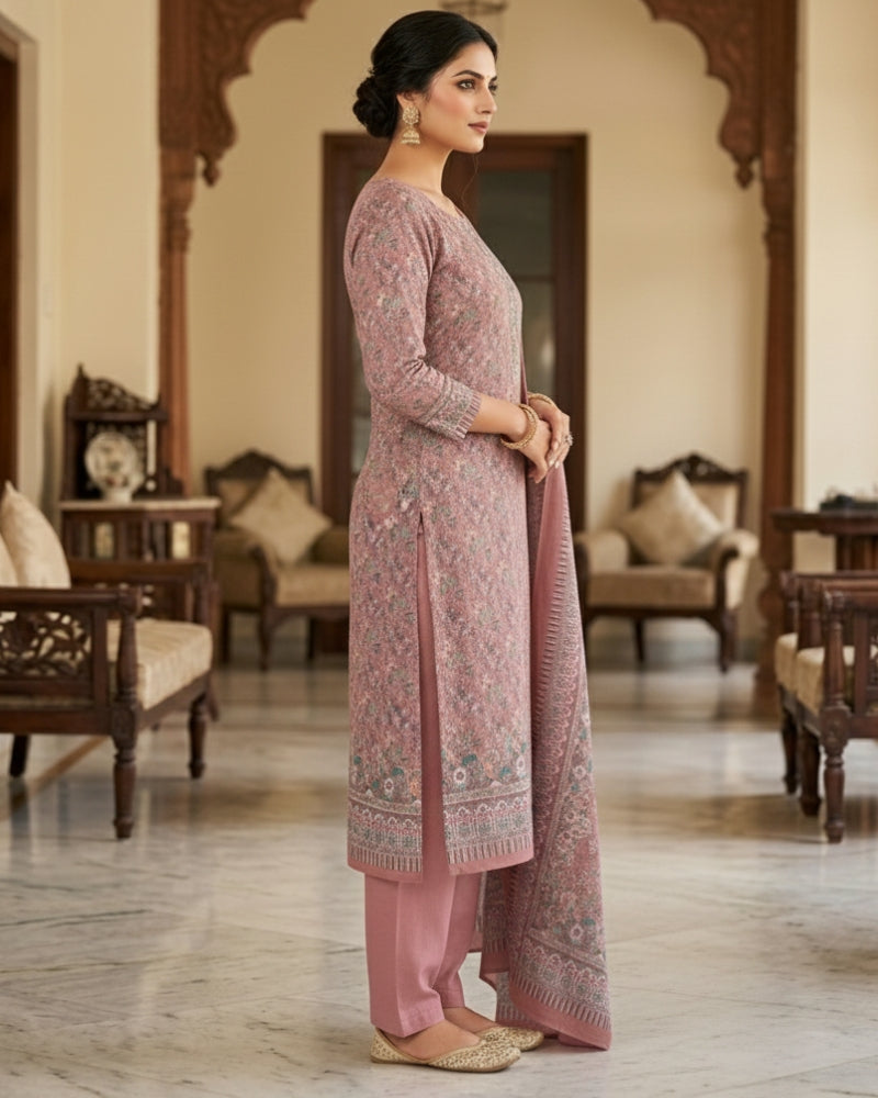 Floral Print Suit with Thread Embroidery- Pink