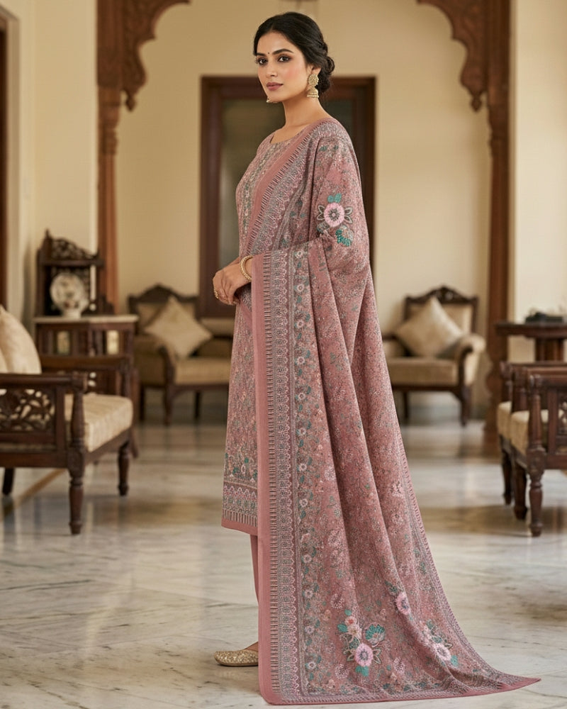 Floral Print Suit with Thread Embroidery- Pink