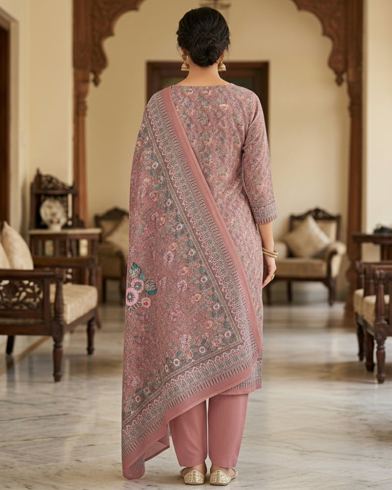 Floral Print Suit with Thread Embroidery- Pink