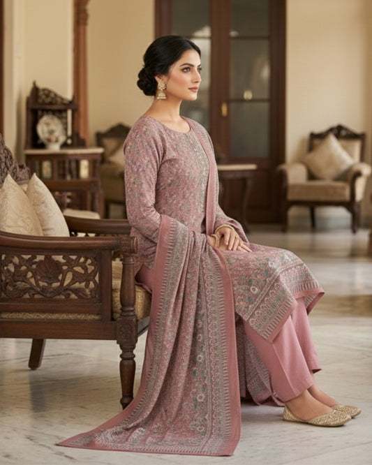 Floral Print Suit with Thread Embroidery- Pink