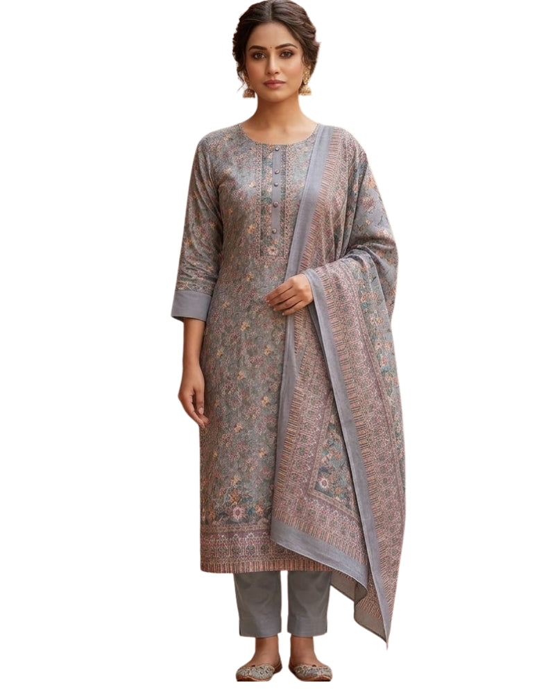 Floral Print Suit with Thread Embroidery- Purple