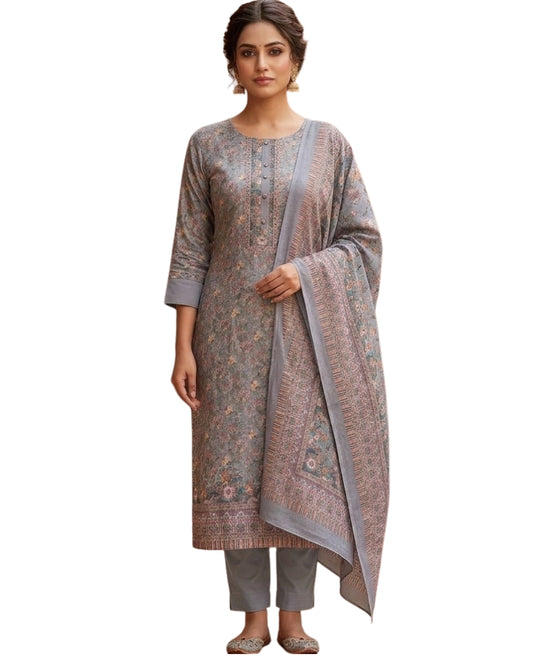 Floral Print Suit with Thread Embroidery- Purple