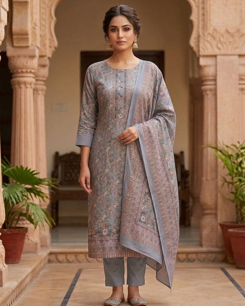 Floral Print Suit with Thread Embroidery- Purple