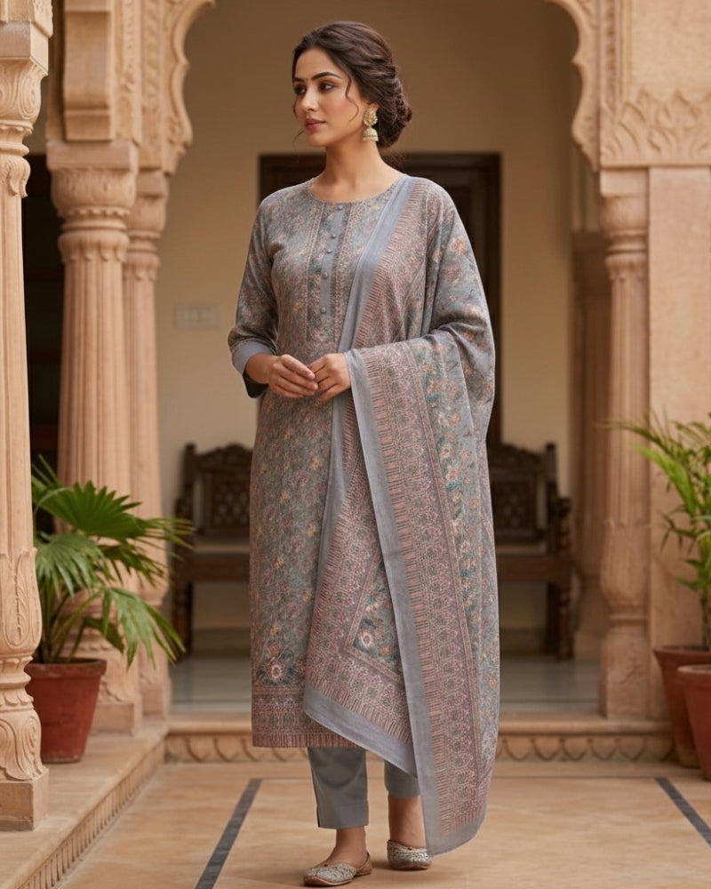 Floral Print Suit with Thread Embroidery- Purple