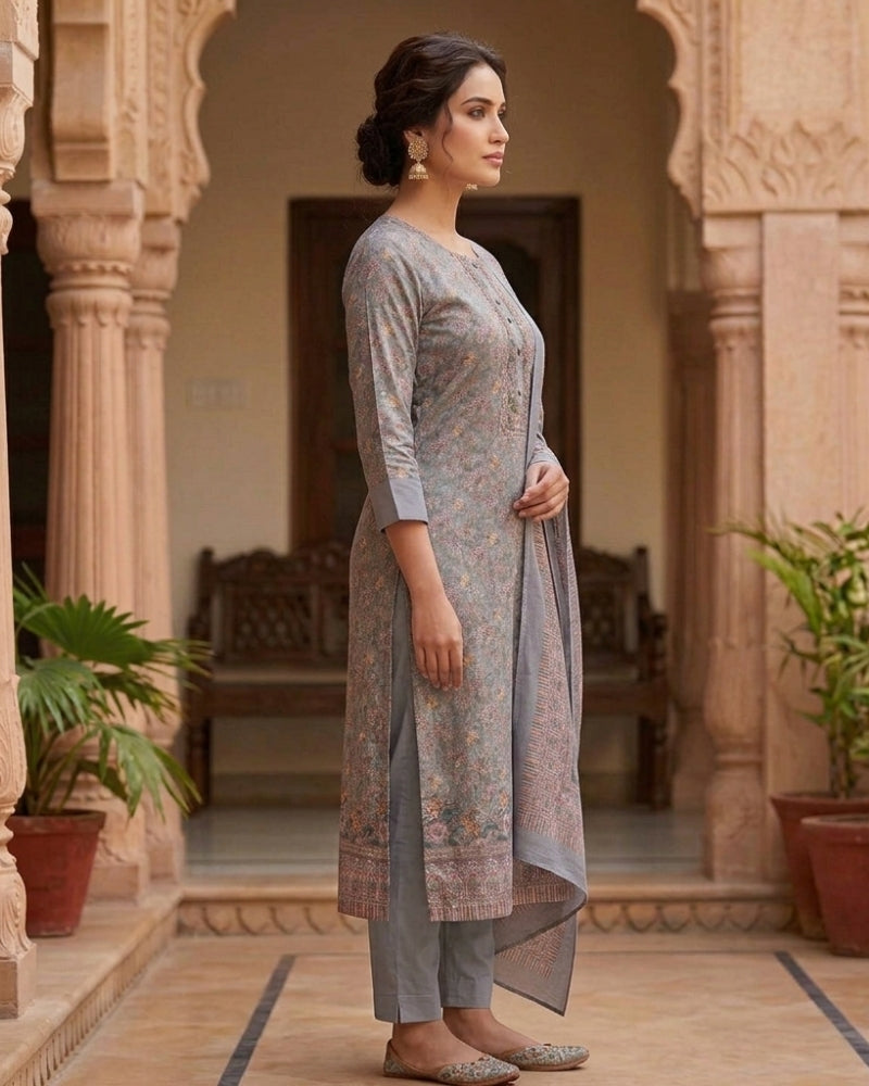 Floral Print Suit with Thread Embroidery- Purple