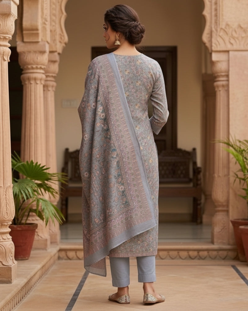 Floral Print Suit with Thread Embroidery- Purple