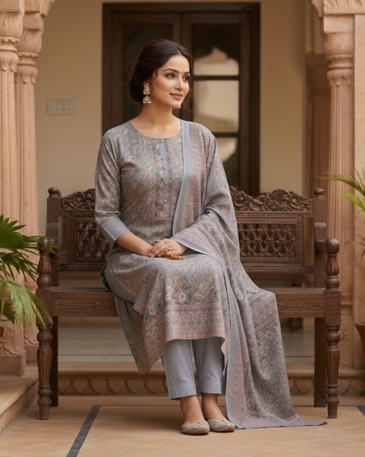 Floral Print Suit with Thread Embroidery- Purple