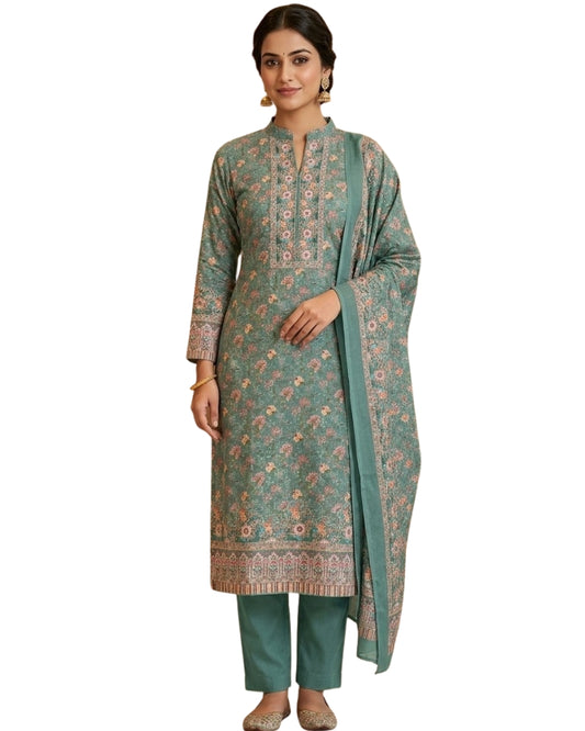Floral Print Suit with Thread Embroidery- Sea Green
