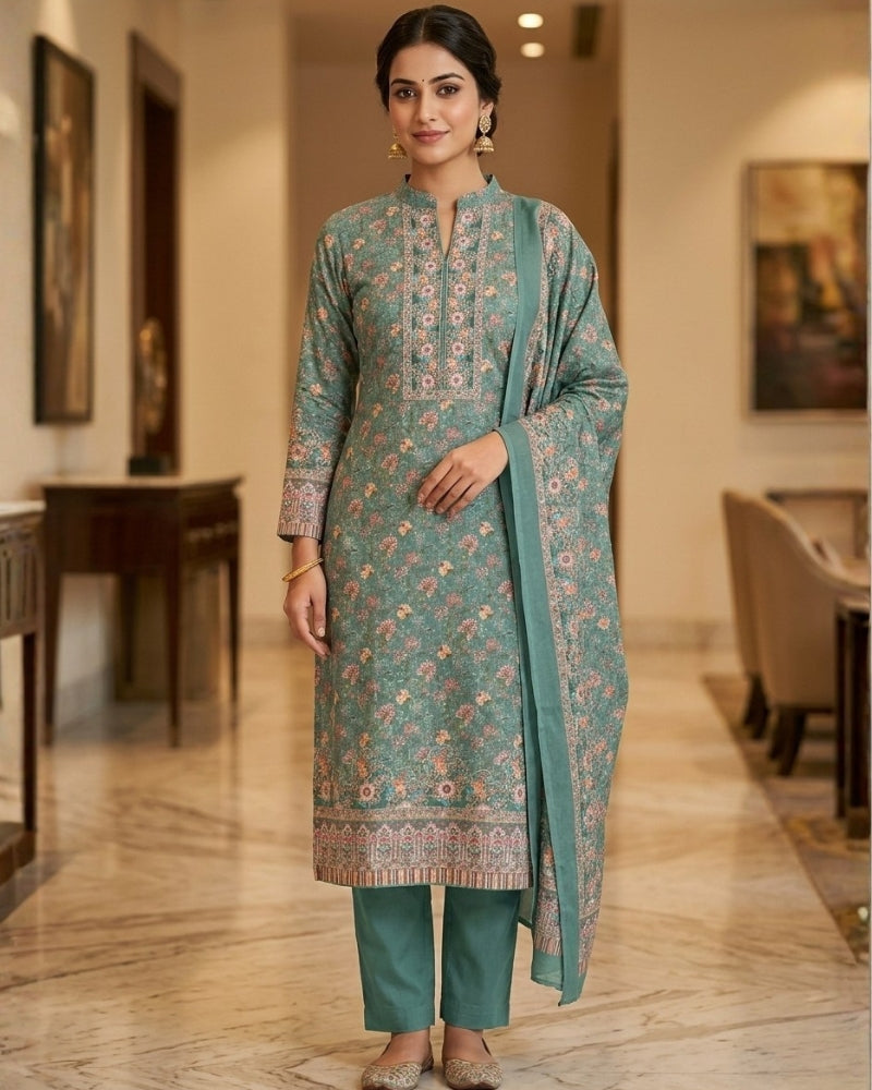 Floral Print Suit with Thread Embroidery- Sea Green