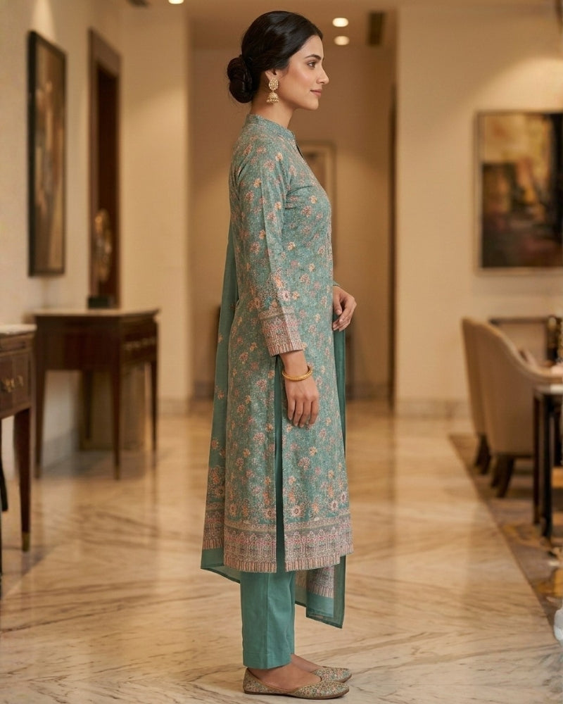 Floral Print Suit with Thread Embroidery- Sea Green
