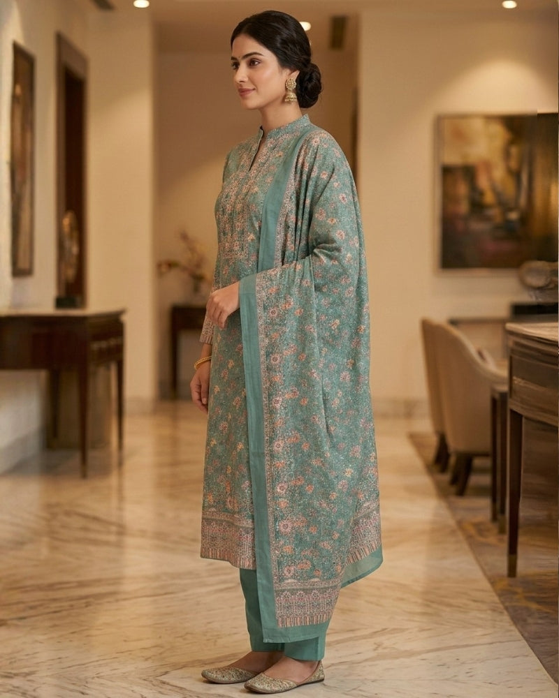 Floral Print Suit with Thread Embroidery- Sea Green
