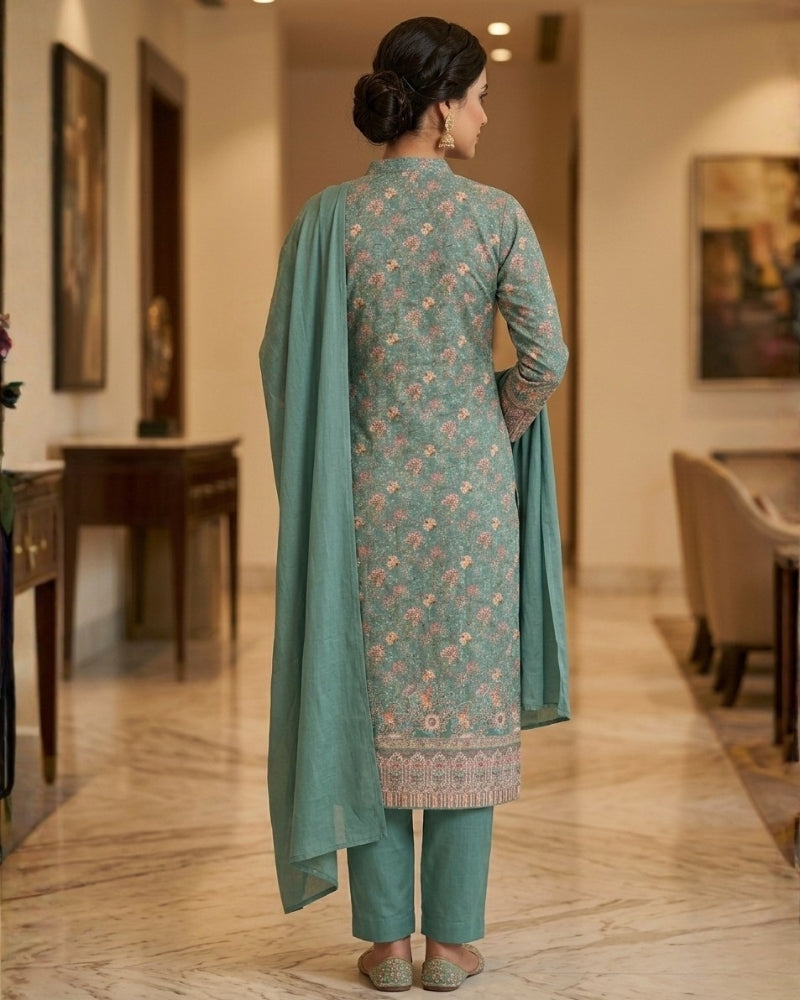 Floral Print Suit with Thread Embroidery- Sea Green