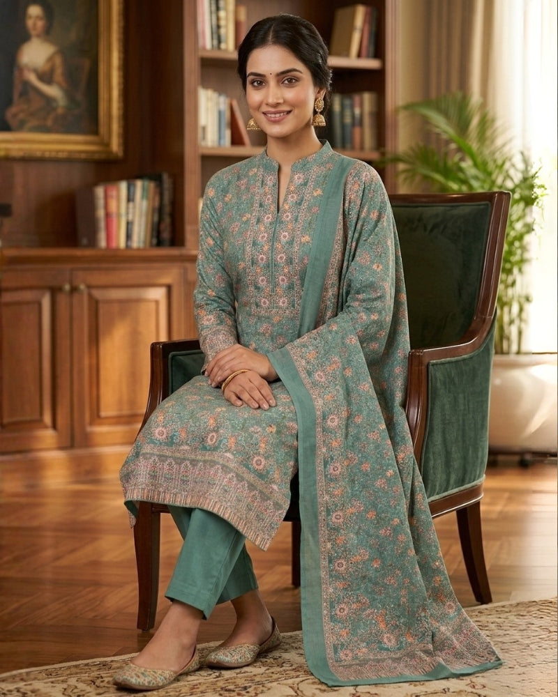 Floral Print Suit with Thread Embroidery- Sea Green
