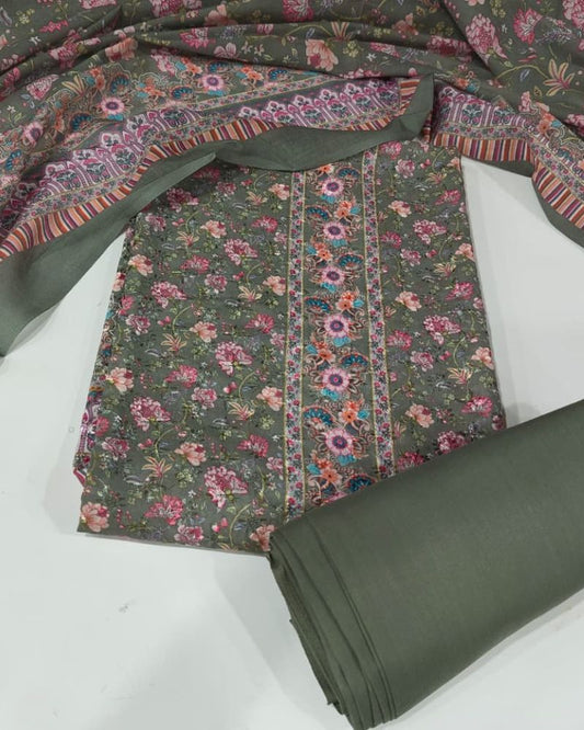 Floral Print Suit with Thread Embroidery- Green